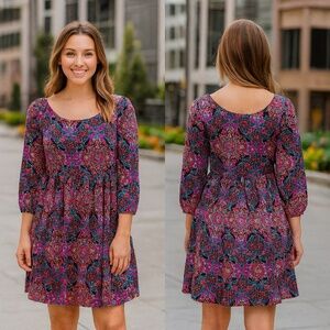 Band of Gypsies Paisley Print 3/4 Sleeves Geometric Pattern Shift Dress Size S